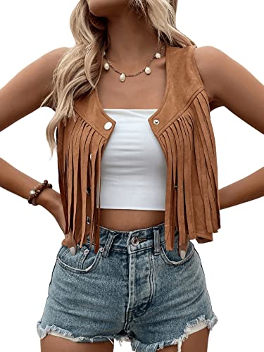 SweatyRocks Women's Suede Fringe Trim Sleeveless Crop Vest Jacket Button Front Coat4