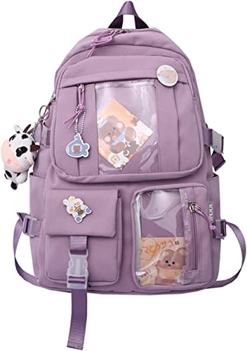 Kawaii - Mochila con agujas y colgante de peluche, bonita mochila escolar para adolescentes, estilo preppy, gran capacidad, Nailon y PVC Cover