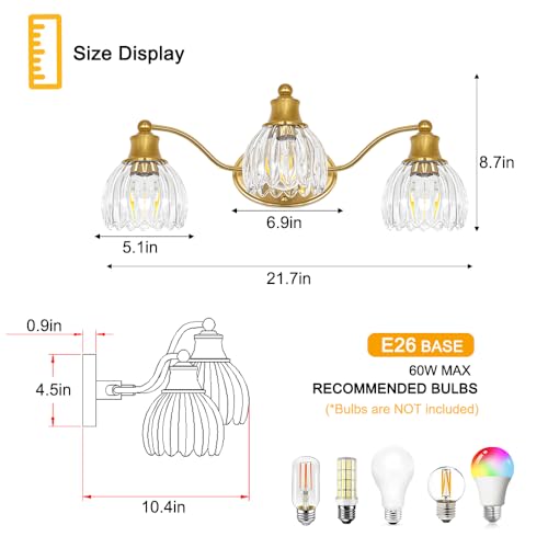 Image of Brushed Gold Bathroom Vanity Light Fixture Vintage Style - 3 Light E26 Bulb, 21.7 inch Wide Bathroom Lighting Over Mirror with Clear Glass Shades, Easy Mount Antique Brass Wall Sconce for Makeup Area
