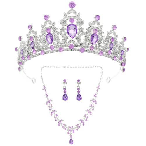 Conjunto de collar morado y pendientes para bodas y galas elegantes con corona