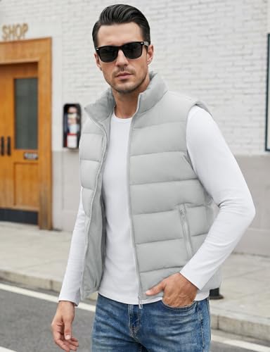 Image of WHN Men's Casual Puffer Vest Lightweight Full Zip Up Work Sleeveless Jacket Stand Collar Outerwear with 3 Pockets