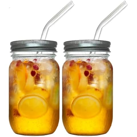 JARMING COLLECTIONS Home Glass Cups – Mason Jar Drinking Glasses - Mason Jar Cup - Glass Cup With Lids And Straws - 24oz Iced Coffee Cup – Glass Tumbler With Straw And Lid - Ice Coffee Cup (Set of 2) Cover