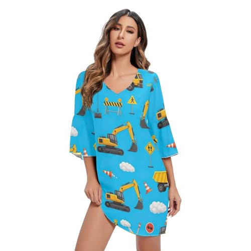 Robe d'été femme imprimée lâche jaune avec motif véhicules de construction pour plage