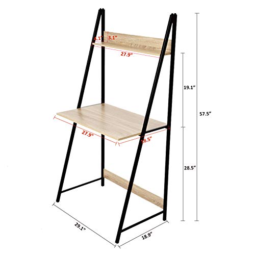 C-Hopetree Ladder Desk with Shelf - Student Study Table - Black Metal Frame.