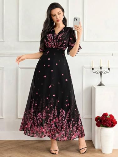 Image of Women's Georgette Dresses Floral Printed One Piece | V Neck Flutter Sleeve Casual Summer Dress with Belt | Elegant Office Wear & Party Dress