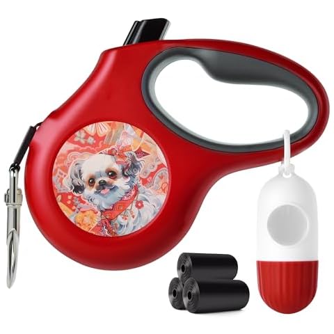 PetiFine Retractable Dog Leash with Dispenser and Poop Bags, 16ft Heavy Duty Reflective Walking Pet Leash for X-Small/Small/Medium/Large Breed Dogs or Cats up to 44 lbs, Tangle-Free (M, Red) Cover