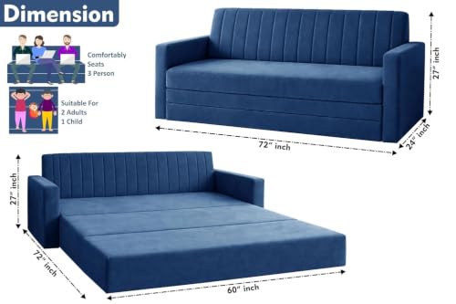 Image of Sofa-Cum-Bed | 3-Seater Couch with Armrest | Modern Fabric Sofa for Living Room, Bedroom & Office-Blue-Color
