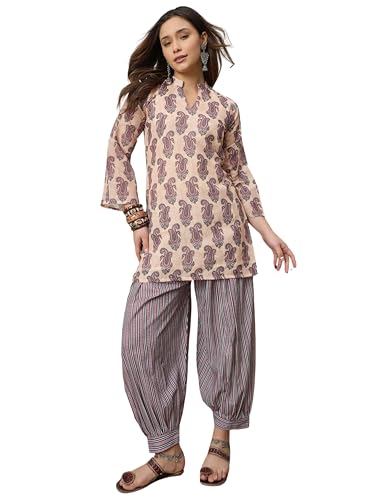 Image of EthnicJunction Women's Linen Floral Print Summer Wear Straight Short Kurti With Afghani Pant Set | Co Ord Set for Women Stylish | Fusion wear Women