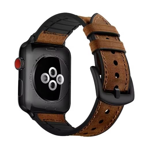 Apple Watch Leather Band for Men and Women, Genuine Leather and Silicone Hybrid Strap, Compatible with iWatch Ultra 2 Ultra 1, Series 9 8 7 6 5 SE2 SE (41mm-38mm, Dark Brown)