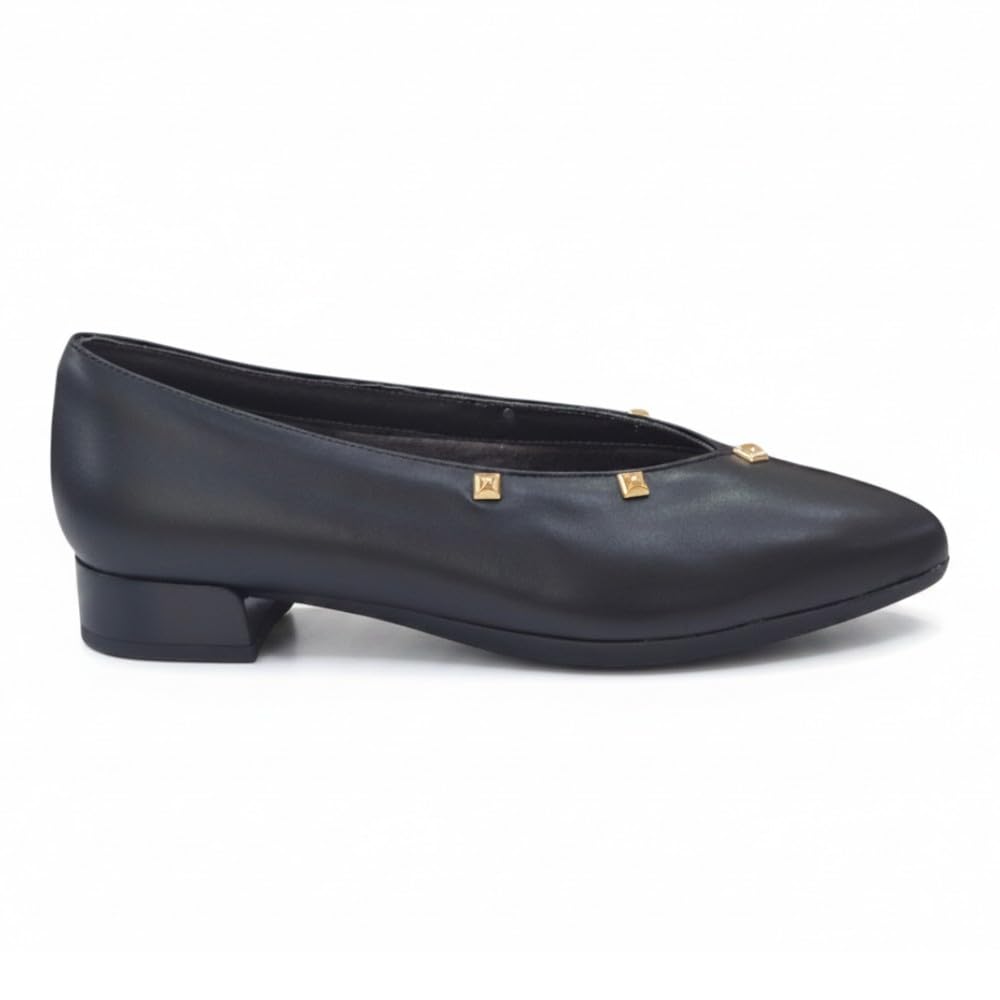 Pitillos - Pitillos 11674 Zapato de Vestir en Piel para Mujer, Color Negro, Bailarina con Escote en V y Detalle Tachuelas Doradas, Tacón Ancho Bajo - Cuero