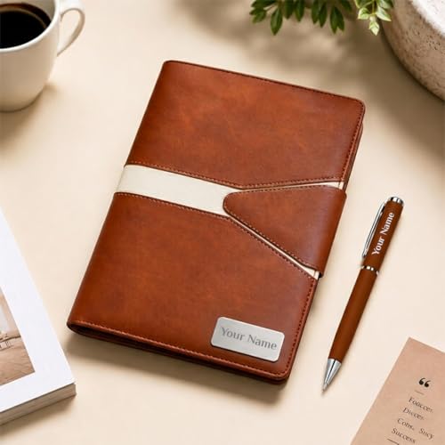 Image of Giftana Personalized Planner Diary with Pen Gift Set, 2 in 1 Customized PU Leather Diary with Metal Pen Gifts for Men, Personalised Corporate Gift for Employee, Employee Welcome Kit- Tan