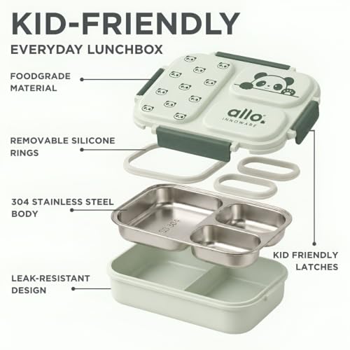Image of Allo Bento Stainless Steel Lunch Box for Kids- BIS Approved, 304 Stainless Steel 3 Compartment Leakproof Tiffin Box for Boys and Girls for School, Travelling, Baby Snacks, 740ml Green Panda