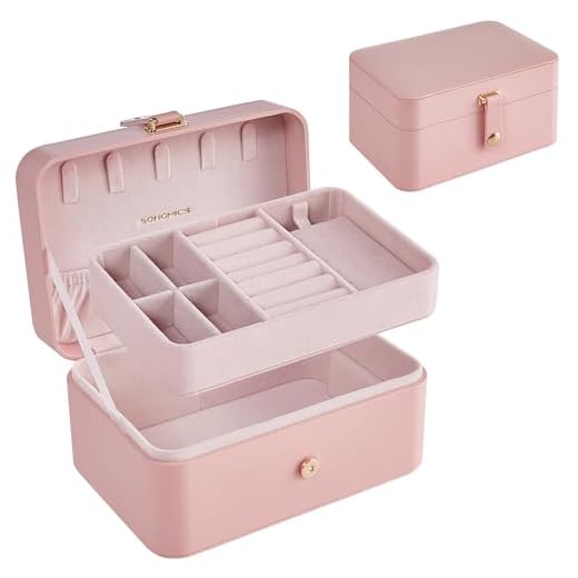 SONGMICS Schmuckkästchen Reise, Schmuckkasten klein, 2 Ebenen Schmuckaufbewahrung, tragbar, Schmuck-Reiseetui, für größere Accessoires, 11 x 16 x 8 cm, Geschenkidee, pastellrosa JBC166R01