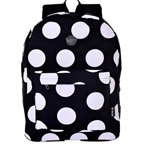 Mochila Juvenil com Estampa de Bolinhas, Preto e Branco, 43 x 30 cm, Compartimento de 40 Litros