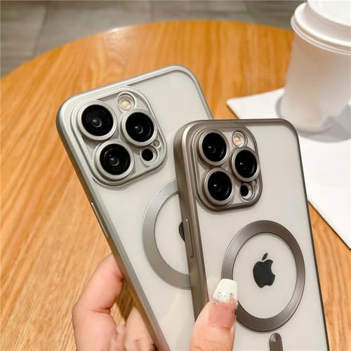 Coque magnétique sans fil iPhone 15 Pro Max transparente et grise avec objectif souple