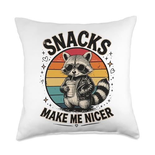 Snacks Make Me Nicer Raccoon Animal Sarcastic Throw Pillow