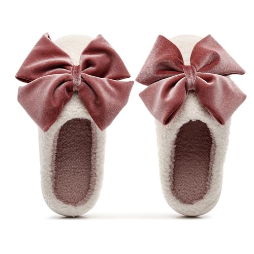 Women House Slippers, Elegant Bowknot Fuzzy Plush Slippers, Slip-on Home Shoes Outdoor Indoor Warm Soft Anti Slip Bedroom Shoes Pink 38-39
