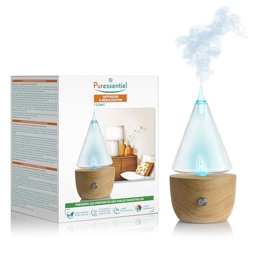 Puressentiel Diffusore a Nebulizzazione I'Conic, per Oli Essenziali, con Luci d'Atmosfera Colorate, Realizzato con Materiali Sostenibili, Piccolo e Compatto