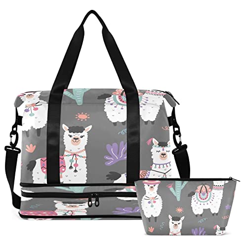 Kigai Llama Cactus Sport Tote Bag For Women Men Large Travel Duffel Bag Waterproof Weekender Overnight Bag With Wet Pocket For Gym Yoga Swimming Camping #TOP1