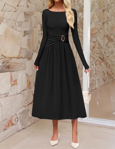 MEROKEETY Women's 2025 Fall Long Sleeve Midi Dress Elegant Boat Neck Ruched Swing Cocktail Party Dresses2