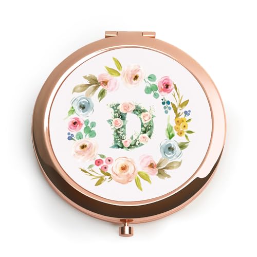 QUSTGO Personalised Gifts for Women Girls Her, Floral Monogram Initial Compact Mirror for Adult Teen, Custom Small Mirror for Christmas Secret Santa Stocking Fillers Graduation Birthdays