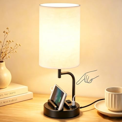 Dreamholder Touch Control USB Table Lamp with USB C/A & AC Outlet, 3-Way Dimmable Bedside Lamp, Modern Nightstand Lamps for Bedroom Living Room Guest Room Office, Bulb Included, Black