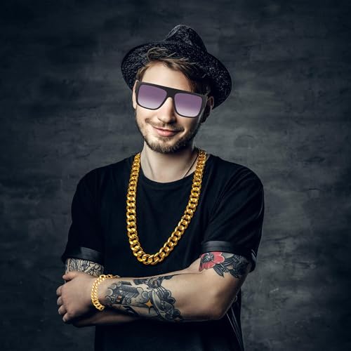 Rilcn Zuhälter Kostüm Herren Set – 80/90er Jahre Hip Hop Gangster Outfit mit Goldkette & Dollar Kette, Rapper Accessoires für Halloween, Karneval & Fasching