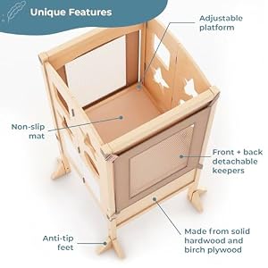 Guidecraft Kitchen Helper Toddler Tower and Mealtime and Play Tray Bundle Classic Natural Folding Adjustable Step Stool with Keepers Non Slip Mat and Easy to Clean Detachable Tray Table