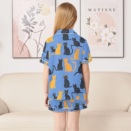 ALAZA Blue Yellow Cat Kitten Pajamas Satin Pajama Set Short Sleeve Button Down Sleepwear4