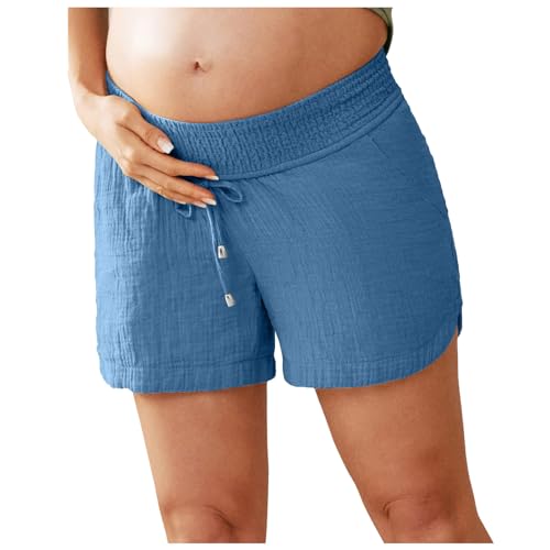 short grossesse femme coton leger, bermuda enceinte grossesse Taille Elastique avec cordon de serrage Short Maternité Chic décontracté habillé Vetemnet Mode Confortable Pantalon (Sky Blue, L)