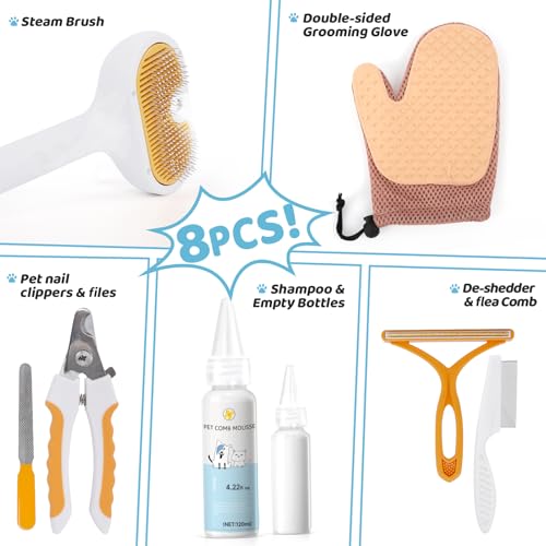 Image of Pet Steam Brush for Dog & Cat - 3-in-1 Spray Hair Removal Comb for Shedding & Grooming, Softens Fur & Reduces Static - Water Brush for Long & Short Coats, Bath-Hating Pets, Includes Waterless Shampoo