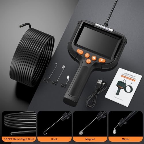 Image of Endoscope Camera with Light, 5.5mm Waterproof Borescope with 4.3 inch HD Screen, 16.5ft Semi-Rigid Cable for Automotive, Plumbing, Pipe Inspection