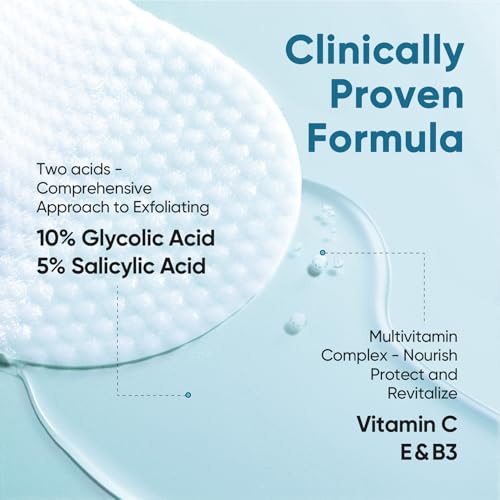 Elvira Glycolic Acid Exfoliating Facial Pads With 10% Glycolic Acid, 2% Salicylic Acid & Niacinamide - 60 Toner Pads, Daily Peel Treatment for Acne Prone Sensitive Skin