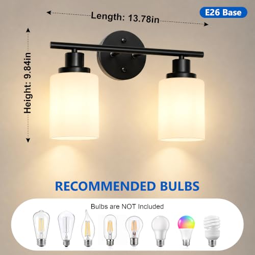 Image of Unicozin 2 Light Bathroom Light Fixtures, Modern Vanity Lights with Milky Glass Shade, Black Wall Lamp Over Mirror for Bathroom, Living Room, Cabinet, Bedroom, E26 Base