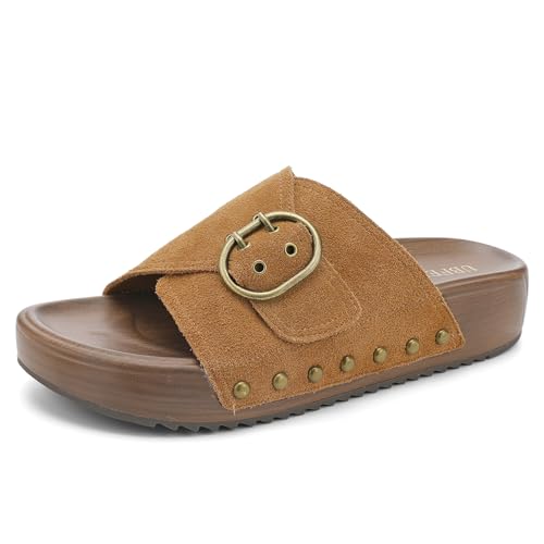 UBFEN Womens Slides Platform Sandals - Genuine Leather, Arch Support Comfortable Buckle Sandals for Walking Orange Size US 10