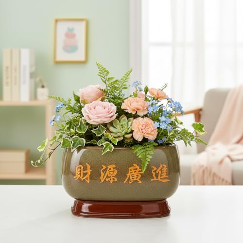 Image of Xtore Prosperous Oriental Ceramic Planter with Decorative Stand | Artistic Tabletop Flower Pot for Bonsai, Succulents, Indoor Plants & Elegant Home Decor (Brown, Planter only)