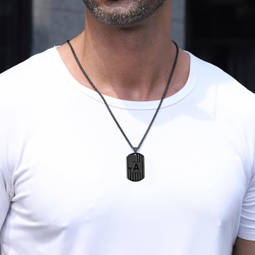 Bellino Initial A-Z Letter Necklace for Men Boys Kids Teen, Stainless Steel American Flag Dog Tag Pendent Chain Jewelry Birthday Gifts for him boyfriend husband dad 24Inches3