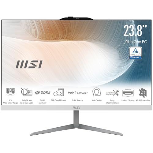 MSI Modern AM242 1M-1083FR PC Tout-en-Un - 23.8" FHD IPS, Intel Core 5 120U, 16 Go DDR5, SSD 512 Go NVMe, WiFi 6E, Webcam et Haut-parleurs intégrés, Clavier et Souris sans Fil, Windows 11 Pro - Blanc