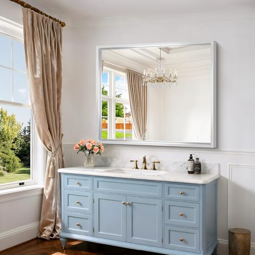 Image of Bathroom Mirror, 42 x 36 Inch Brushed Silver Rectangle Mirror, 0.6 inch Thickened Deep Metal Frame Rectangular Vanity Mirror, Wall Mounted Mirror for Bedroom Living Room, Horizontal or Vertical