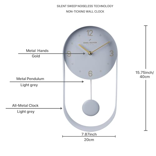 Image of Daniel Hechter Paris Aveyron Collection Wall Clock, Silent Sweep Non-Ticking Quartz Movement,15.75Inch(40 cm) Grey Dial, Oval All-Metal Frame,Metal Pendulum,Modern Clock for Home & Office - DHCL1006