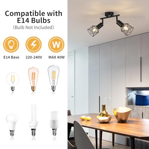 FORCOSO Ceiling Lights Spotlight, 2 Way Spot Lights 350°Adjustable, E14 Base Black Light Shade Metal Wire Cage Light Fittings - Image 4