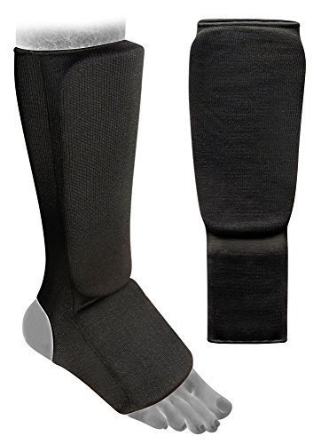 VADER SPORTS Protector de Espinillas y Empeine Elástico para Niños - Karate Muay Thai MMA,UFC - Espinilleras para Taekwondo - Negro, L (Grande Adultos)