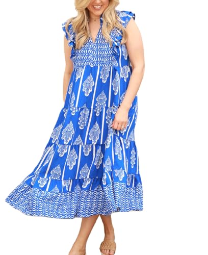 Image of Women Patchwork Dress Y2k Floral Puff Short Sleeve Maxi Dress Summer Boho Smocked Tiered Ruffle Beach Sundress