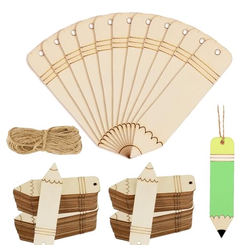 50 Stück Holz Blanko Lesezeichen mit 25 m Langem Seil,Lesezeichen Kinder Buntstiftform Holzscheiben für DIY Handwerk Geschenke Tag Party Handgefertigte Dekoration Personalisiert Bastelbedarf,12*3cm