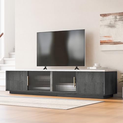Merax Meuble TV moderne de 160 cm - 2 casiers avec portes en verre et 4 tiroirs comme espace de...