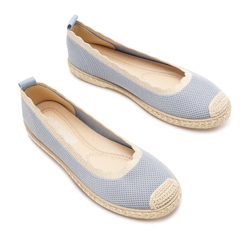GLAMORA Alpargatas Mujer de Punto Transpirable con Suela de Goma Efecto Esparto, Zapatos Planos Tipo Bailarinas Manoletinas Cómodas Slip On, Alpargatas Mujer Ligeras Punta Redonda lblue 38