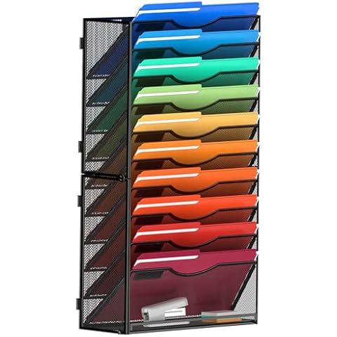 MINDEPOT 11 Tier Wall File Holder Hanging Wall Mount Paper File Organizer for Mails Folders Document Magazine Organization, for Office School Home, Black Cover