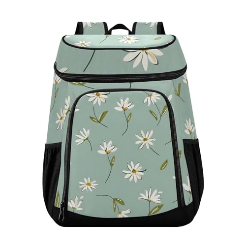 White Daisy Flower Green Cooler Backpack Cooler Insulated Leak Proof Lunch Backpack 36 Cans Waterproof Soft for Men Women Picnic Hiking Camping Beach