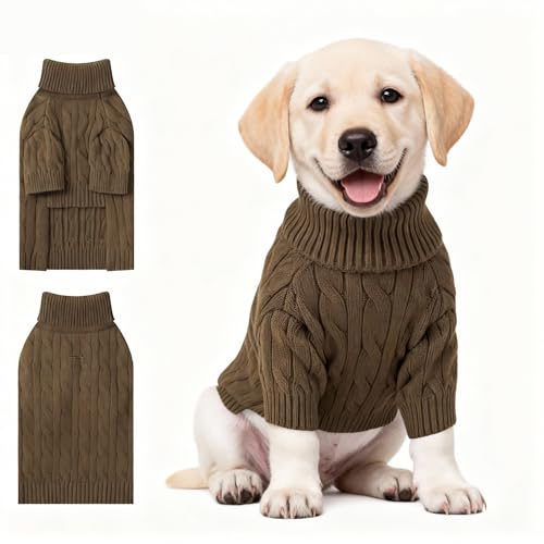 Image of Small Dog Thermal Pullover Sweater, Classic Turtleneck Cable Knitwear Dog Clothes for Cold Weather Warm Pet Clothes for Chihuahua, Bulldog, Dachshund, Pug Tan X-Large