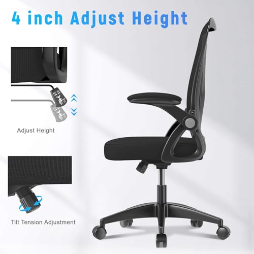 Image of Naspaluro Ergonomic Office Chair, Mid Back Desk Chair with Adjustable Height, Flip-Up Arms and Lumbar Support, Breathable Mesh Computer Chair for Home /Study /Working, Dark Black | Comfy Ergonomic Chair with Flip-Up Arm and Lumbar Support, Breathable Mesh Swivel Computer Chair for Study Working Teacher